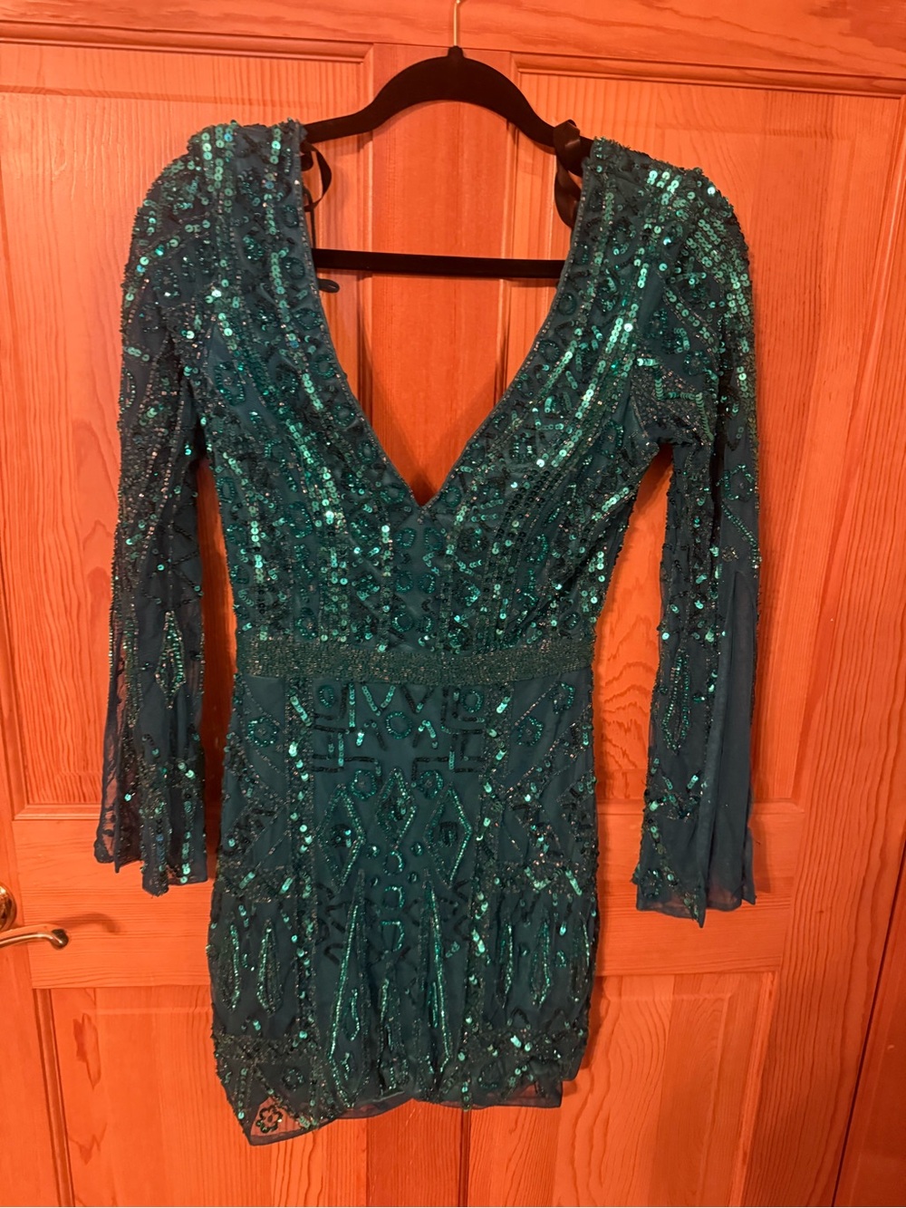 Teal Sequin V-Neck Long-Sleeve Mini Dress